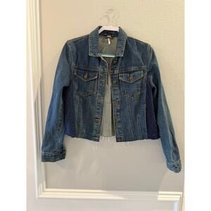 Free People Women's Denim Jean Blue Lace Panel Crop Raw Hem Jacket Sz S